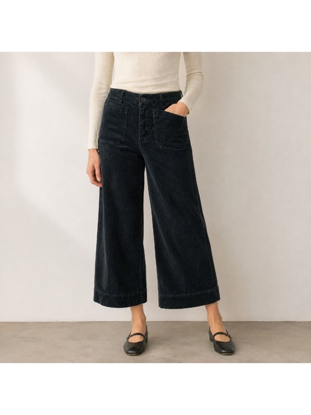 Quince Organic Stretch Corduroy Cropped Wide Leg Pants Black Sz 8 Quiet Luxury - Picture 1 of 14
